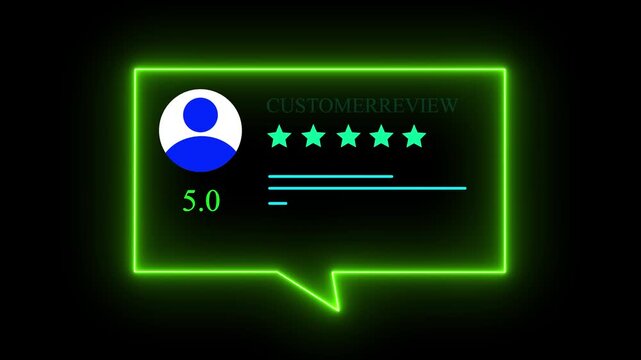 Glowing neon Rating 5 stars icon animation. animation customer review concept, character giving five star feedback on neon rectangle. 4k video animation.
