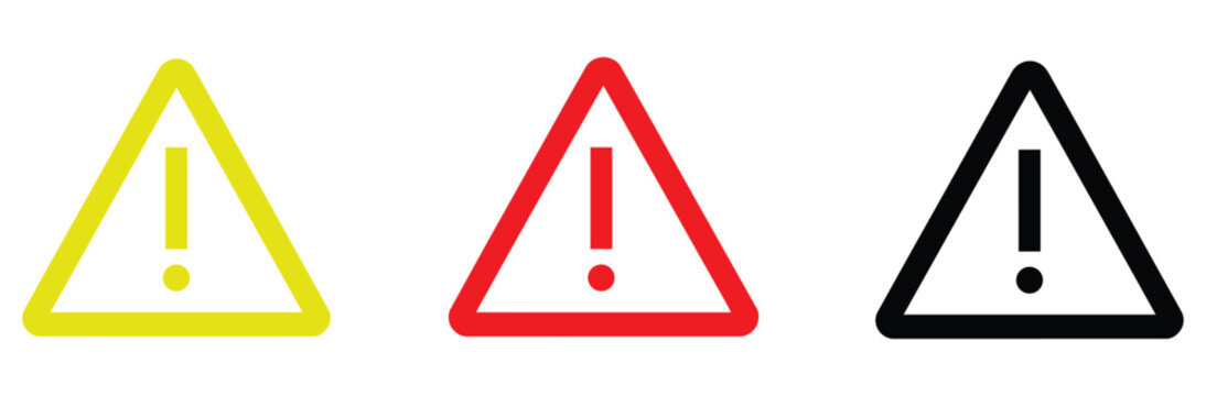 Warning icon set. Exclamation mark symbol. Danger alert sign. Simple triangle pictogram for attention, hazard, caution, error notification, safety signage and industrial interface design.