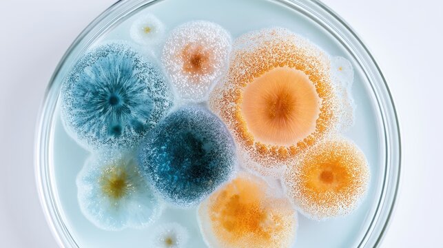 Colorful mold growth on agar culture showcasing various textures and vibrant shades in a petri dish against a white background