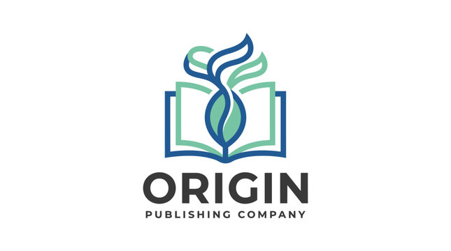 Modern Origin Publishing Company Logo Featuring Open Book and Sprouting Plant Design.
