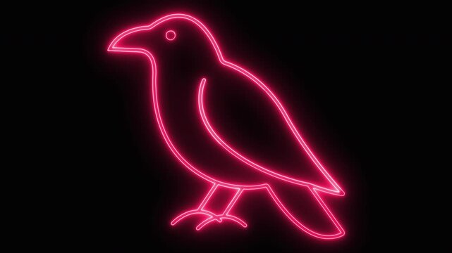 Bright glowing neon red raven bird icon animation light effect for modern graphic design projects