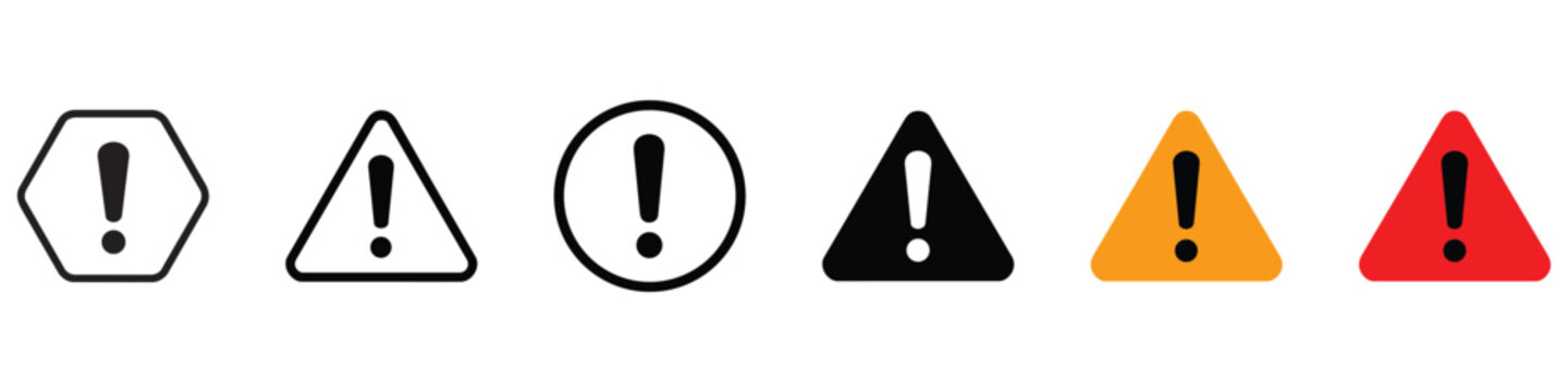 Exclamation mark icons. Warning symbol set. Alert pictogram for hazard, danger, caution, attention, error and notification interface design.