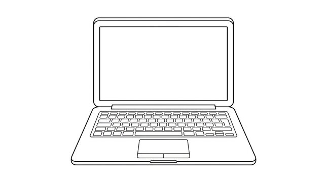 Simple line drawing of open laptop computer with keyboard visible transparent background