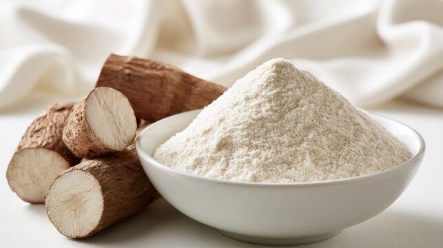Cassava flour in a bowl with raw roots on a bright background. Natural tapioca starch product photography for culinary blogs.