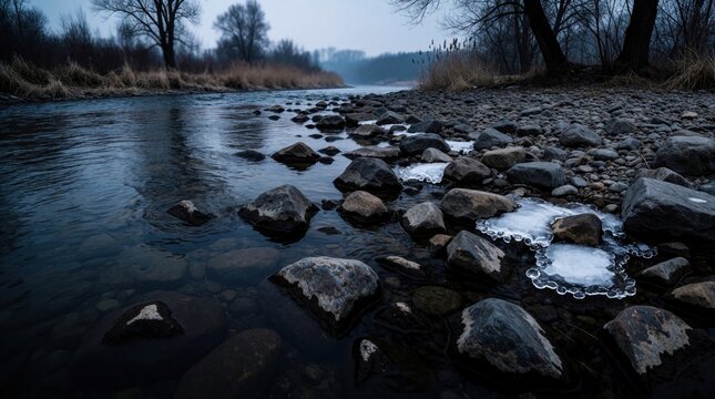 Cold river flows over rocks with ice patches on shore. Leafless trees stand on distant bank under overcast sky. Natural landscape shows winter stillness. Moody riverbank scene.