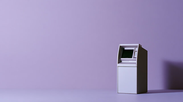 A single automated teller machine stands alone against a minimalist purple background creating a modern aesthetic for finance commerce concepts