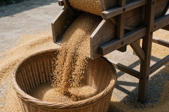 Wooden windmill machine sifts organic rice grains into large wicker basket. Traditional agriculture tool processes cereal crop during autumn harvest. Golden paddy falls from wooden chute on sunny day