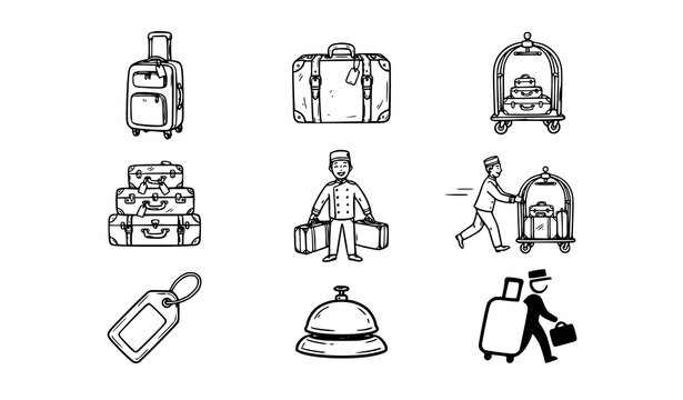 Hand Drawn Luggage and Hotel Porter Travel Icons Logo Vector