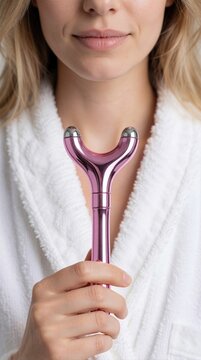 Woman holds pink face lifting tool. She wears white bathrobe, ready for beauty treatment. Tool helps reduce puffiness, wrinkles. Smooth skin care.