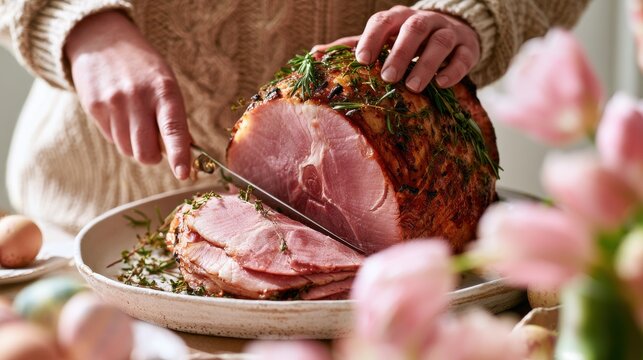 A person slices a glazed roasted ham garnished with herbs on a ceramic plate during Easter dinner. Use this festive food photo for holiday meal planning and seasonal cooking ads.