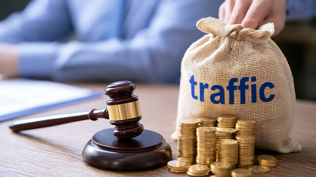 Legal judgment with a wooden judge gavel and stacks of gold coin money beside a sack labeled with text representing traffic fine payment