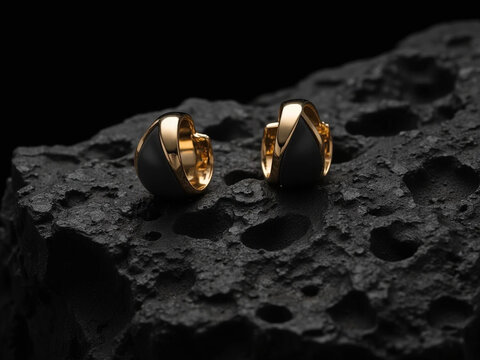 gold geometric cutout earrings set, metallic sheen on dark textured background, high contrast minimalist jewelry close up