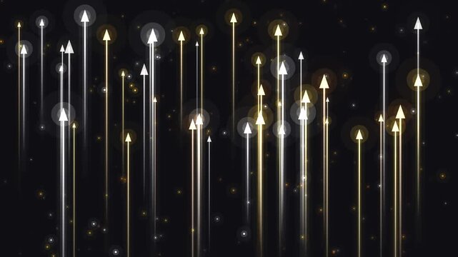 Procedural art. Glowing vertical light streaks with bright golden and white sparks against a dark night sky. Suitable for backgrounds or celestial concepts.