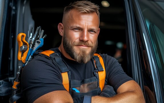 A ruggedly handsome male worker, clad in work overalls and carrying tools, sits confidently in his vehicle, ready for the day's challenges