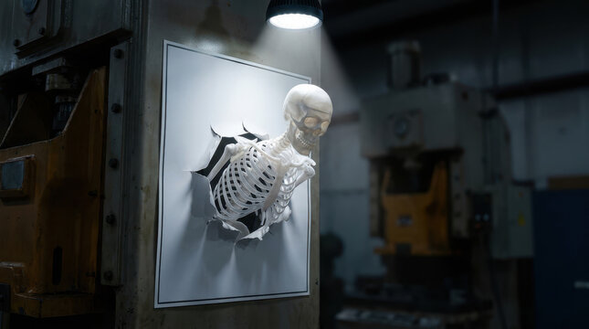 Halloween digital marketing campaign featuring human skeleton breaking through framed poster in dark industrial workshop under dramatic light