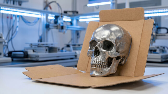Halloween digital marketing concept featuring metallic human skull inside recyclable cardboard packaging at futuristic manufacturing facility
