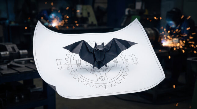 Halloween digital marketing concept featuring folded paper bat blueprint above mechanical workshop with sparks and dark atmosphere