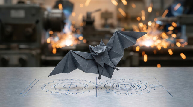 Halloween digital marketing bat origami concept in workshop with sparks and blueprint detail