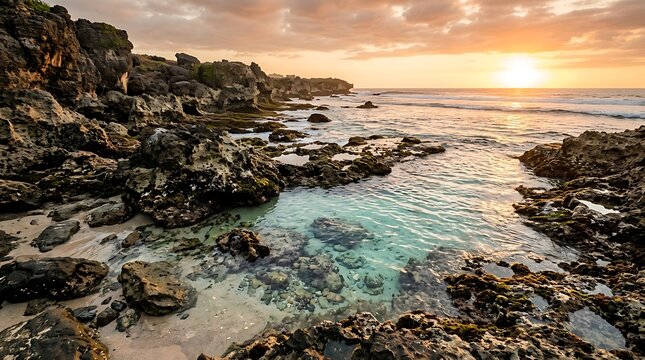 Golden sunset over rocky coastline tide pools and ocean waves