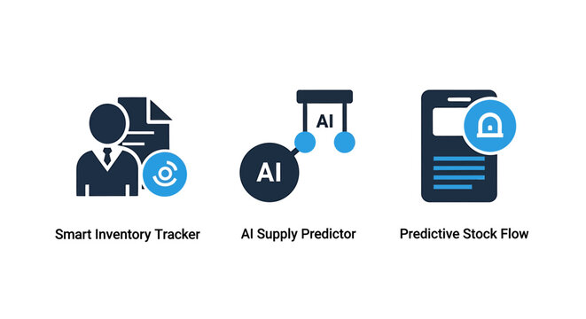 Smart inventory tracker AI supply predictor and predictive stock flow logistics icons set with inventory predictor predictive logistics artificial intelligence management warehouse business