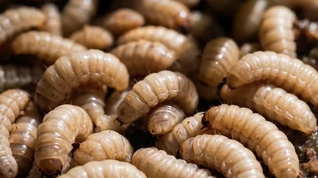 Maggot bsv or Mealworms close up macro insect farming