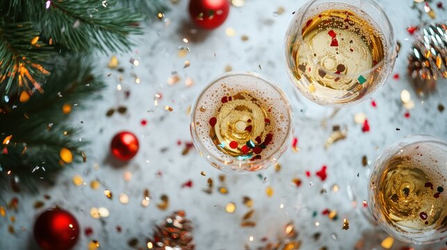Three champagne flutes filled with sparkling wine celebrate a festive New Year's Eve or Christmas celebration surrounded by confetti and ornaments