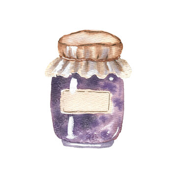 Hand painted watercolor illustration of a vintage jam jar filled with homemade fruit jam, isolated on a white background.