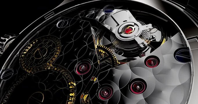 3D technical blueprint transforming into high end luxury watch movement animation.