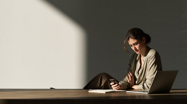 Businesswoman Checking Smartphone at Wooden Desk