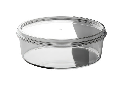 Clear plastic round food container with lid isolated on transparent background