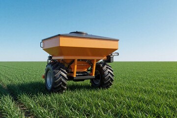Fototapeta premium Farm equipment fertilizer spreader rests on green field under clear blue sky. Agricultural machine prepares soil for crop planting. Rural landscape with farming tech.
