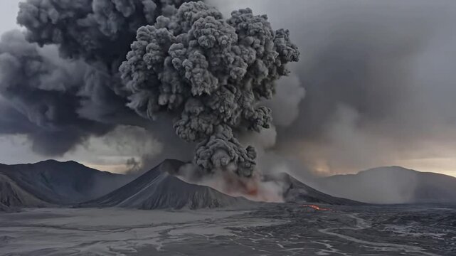 Massive volcanic eruption with explosive ash cloud and glowing lava flow in remote mountain landscape