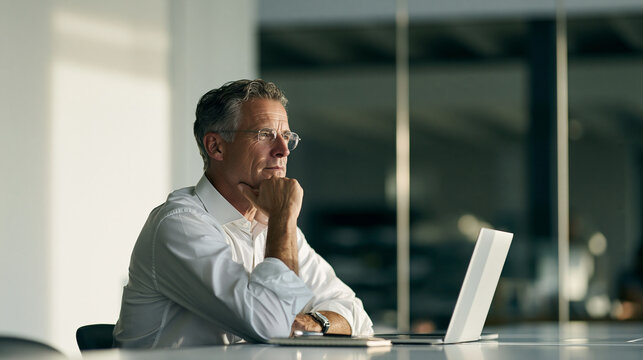 Thoughtful Senior Business Executive Working on Laptop in Modern Office