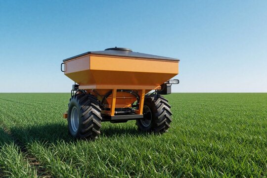 Farm equipment fertilizer spreader rests on green field under clear blue sky. Agricultural machine prepares soil for crop planting. Rural landscape with farming tech.