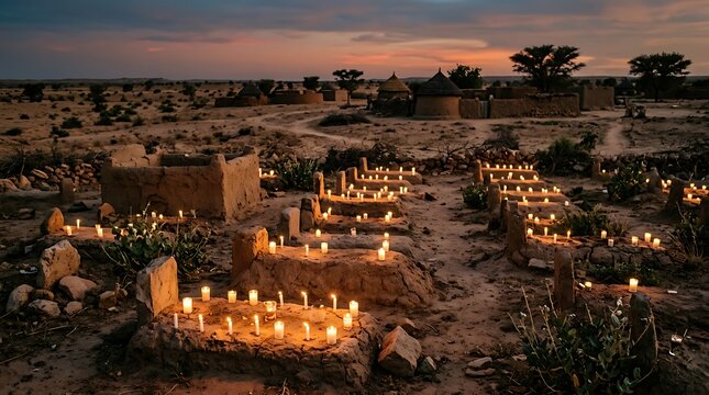 Candlelit traditional earth graves in rural village at twilight