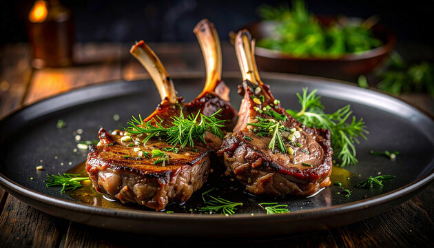 Gourmet lamb chops with garlic dill butter in dramatic fine dining style