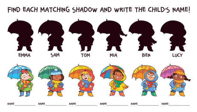 Educational matching puzzle for children featuring diverse kids in autumn rainwear. Match each child to their shadow to develop visual perception, attention, observation, and logical thinking