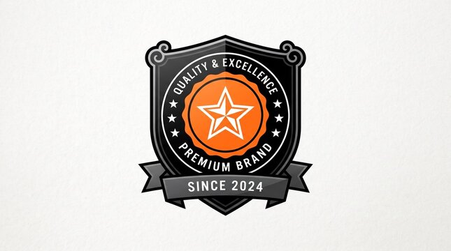 A quality and excellence premium brand shield badge with a star icon and since 2024 text on a black ribbon against a textured white background