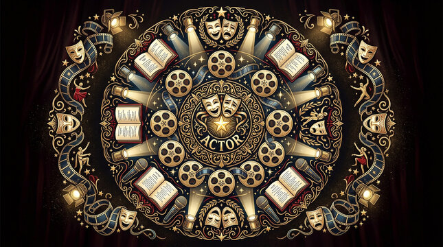 Ornate Golden Mandala Illustration Featuring Theater Masks Film Reels and Stage Spotlights for Acting Theme