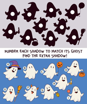 Cute Halloween educational puzzle for children. Match each colorful cartoon ghost to its black silhouette and find the extra shadow to develop visual perception, attention, and logical thinking