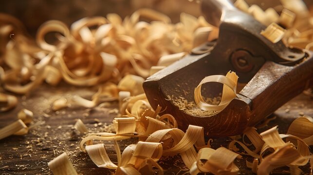 Title: Macro photograph of curly maple wood shavings from a hand plane