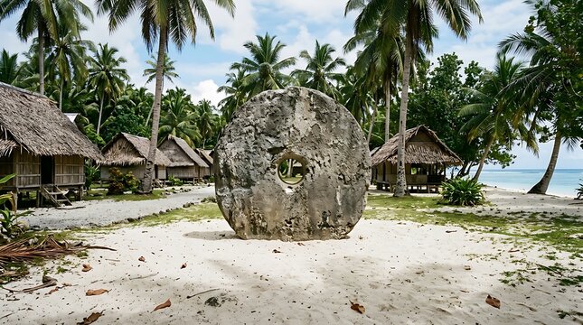 Large circular rai stone money in a tropical island village
