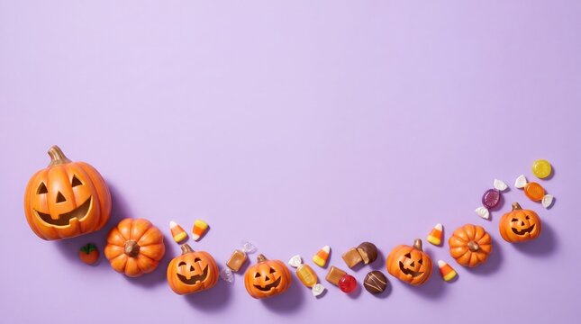 Curved wave of mini pumpkins and colorful Halloween candy on purple background with empty copy space