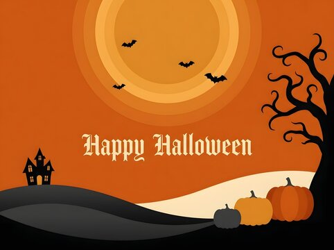 Halloween illustration with spooky house pumpkins bats and a full moon on an orange background