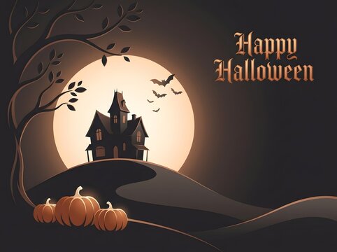 Spooky haunted house silhouette with pumpkins and a full moon for a happy halloween night