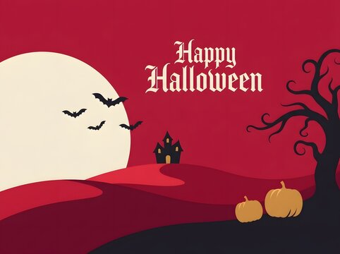 Happy halloween illustration with a full moon haunted house bats and pumpkins on a red background