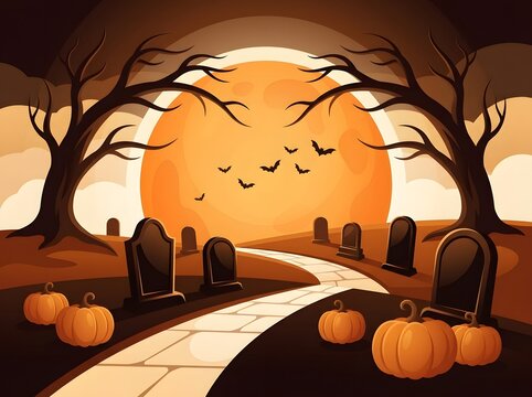Spooky halloween graveyard scene with pumpkins and bats under a full moon vector illustration