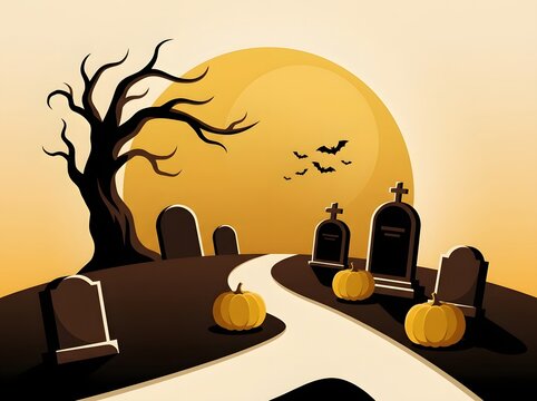 Spooky halloween graveyard scene with bare tree tombstones pumpkins and a full moon illustration