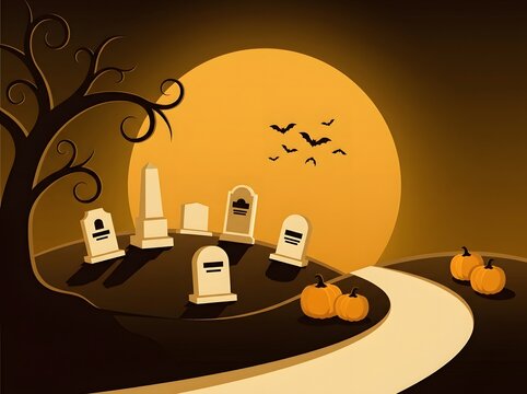 Spooky halloween graveyard scene with pumpkins and bats against a full moon illustration
