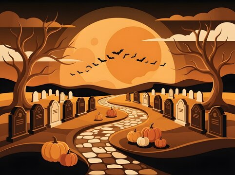 Spooky halloween graveyard scene with pumpkins bats and a full moon in a vector illustration